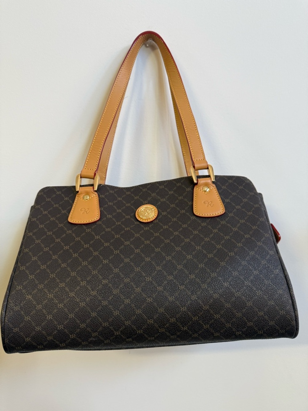 Rioni Brown Monogram Leather Shoulder Bag with Tan Handles